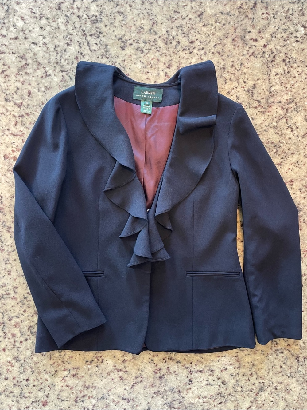 Pristine vintage Lauren Ralph Lauren Navy Ruffle-Trim wool Blazer 10